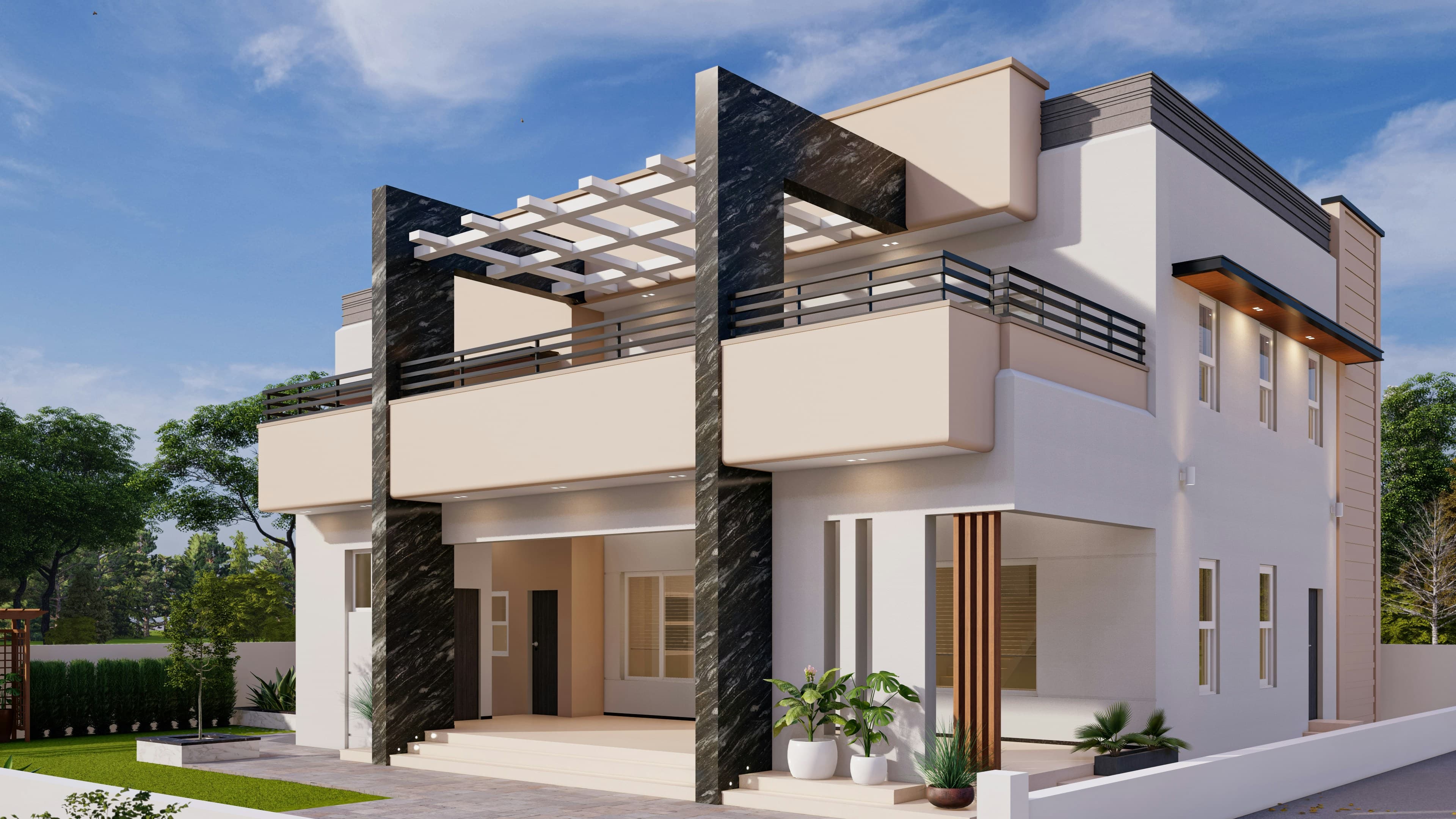 A two-storey villa with a cream façade, dark stone pillars and a pergola-shaded balcony